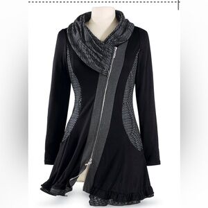 PYRAMID shawl collar tunic asymmetrical front zip jersey knit sweater (XL)